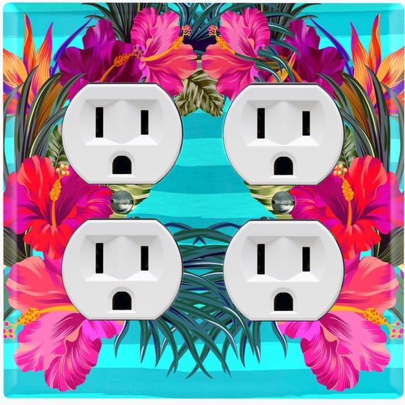 Metal Light Switch Plate Cover Hibiscus Flower Wreath Teal Stripes FLW031