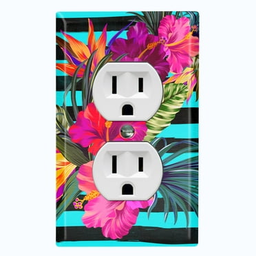 Metal Light Switch Plate Cover Hibiscus Flower Wreath Teal Stripes FLW032