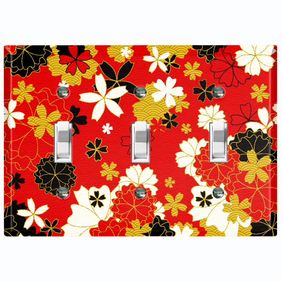 Metal Light Switch Plate Cover Japanese Flower Pattern Red Wallpaper FLW036