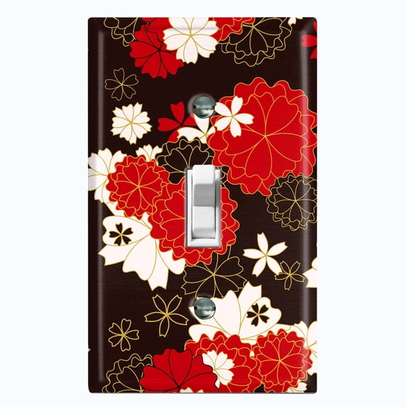 Metal Light Switch Plate Cover Japanese Flower Pattern Red Wallpaper FLW043