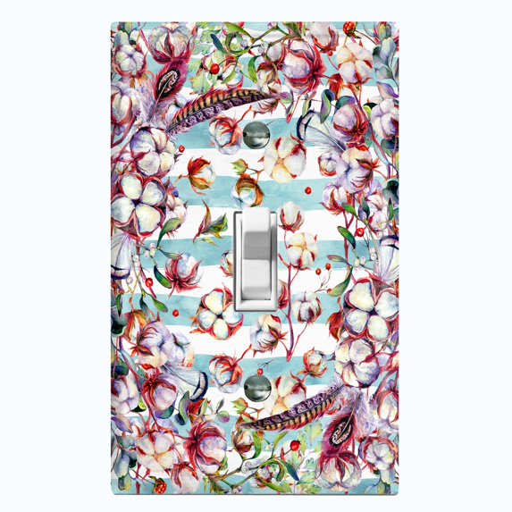 Metal Light Switch Plate Cover Lotus Pods Cotton Flower Teal Stripes FLW020