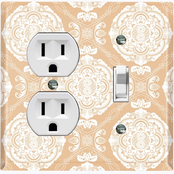 Metal Light Switch Plate Cover Mandala Beige White Floral Pattern Damask MDL075