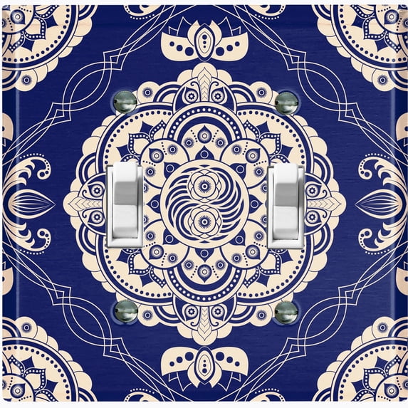 Metal Light Switch Plate Cover Mandala Blue White Floral Pattern Damask MDL078