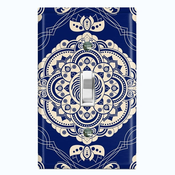 Metal Light Switch Plate Cover Mandala Blue White Floral Pattern Damask MDL078