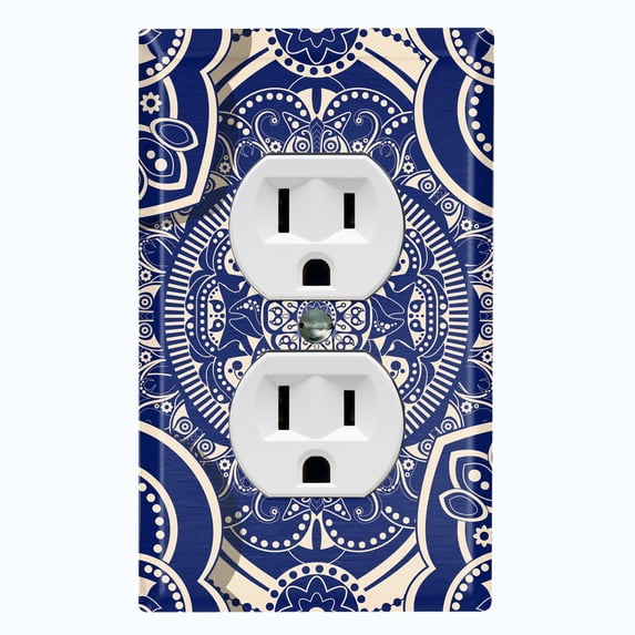 Metal Light Switch Plate Cover Mandala Blue White Floral Tile Pattern Damask MDL081