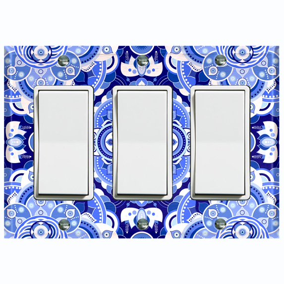 Metal Light Switch Plate Cover Mandala Blue White Floral Tile Pattern Damask MDL083