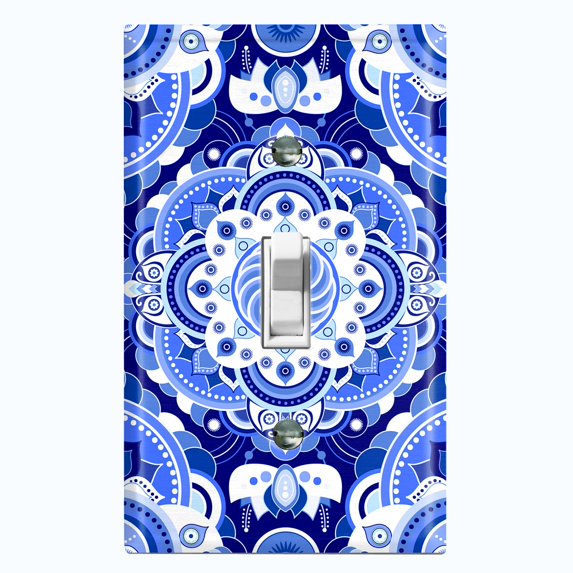 Metal Light Switch Plate Cover Mandala Blue White Floral Tile Pattern Damask MDL083