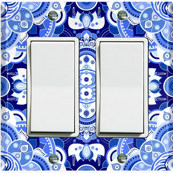 Metal Light Switch Plate Cover Mandala Blue White Floral Tile Pattern Damask MDL083