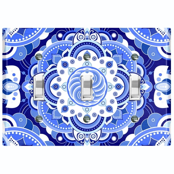 Metal Light Switch Plate Cover Mandala Blue White Floral Tile Pattern Damask MDL084