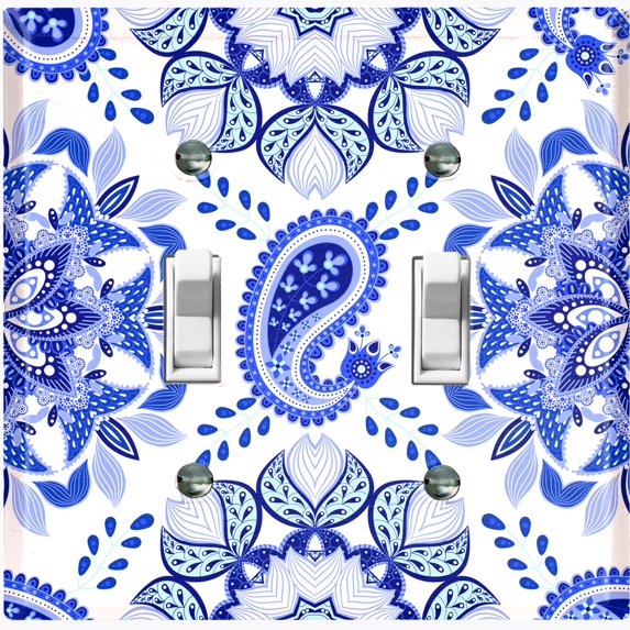 Metal Light Switch Plate Cover Mandala Blue White Flower Tile Pattern MDL089