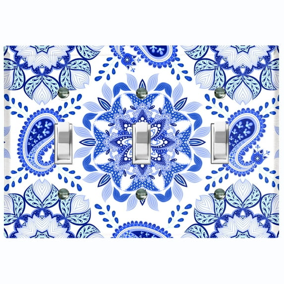 Metal Light Switch Plate Cover Mandala Blue White Snowflake Tile Pattern MDL088