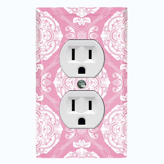 Metal Light Switch Plate Cover Mandala Pink White Floral Pattern Damask MDL076