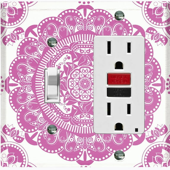 Metal Light Switch Plate Cover Mandala Pink White Flower Tile Pattern MDL069