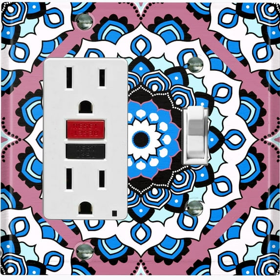 Metal Light Switch Plate Cover Mauve Blue Mandala Flower Tile Pattern MDL118
