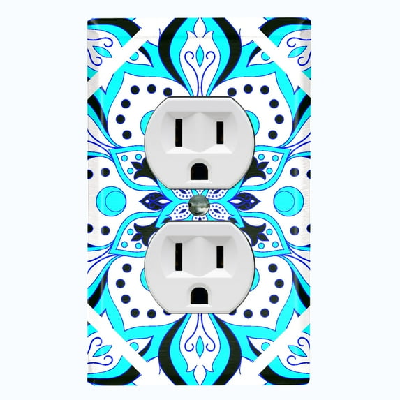 Metal Light Switch Plate Cover Neon Blue Mandala Flower Tile Pattern MDL033