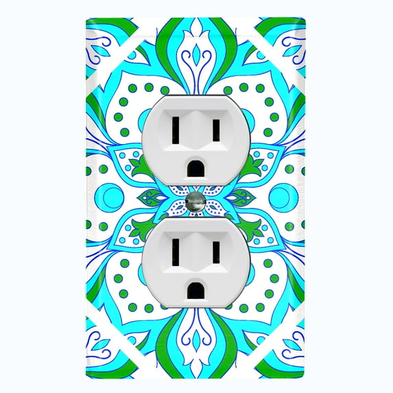 Metal Light Switch Plate Cover Neon Green Teal Flower Mandala Tile Pattern MDL034