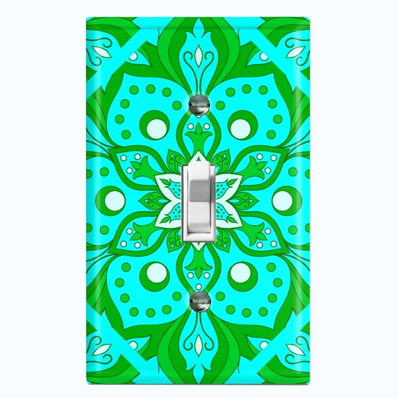 Metal Light Switch Plate Cover Neon Green Teal Tile Mandala Flower Pattern MDL039