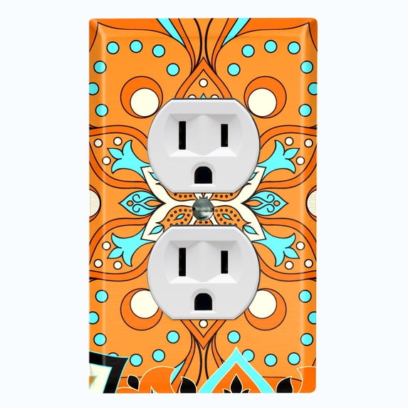 Metal Light Switch Plate Cover Orange Teal Flower Mandala Tile Pattern MDL015
