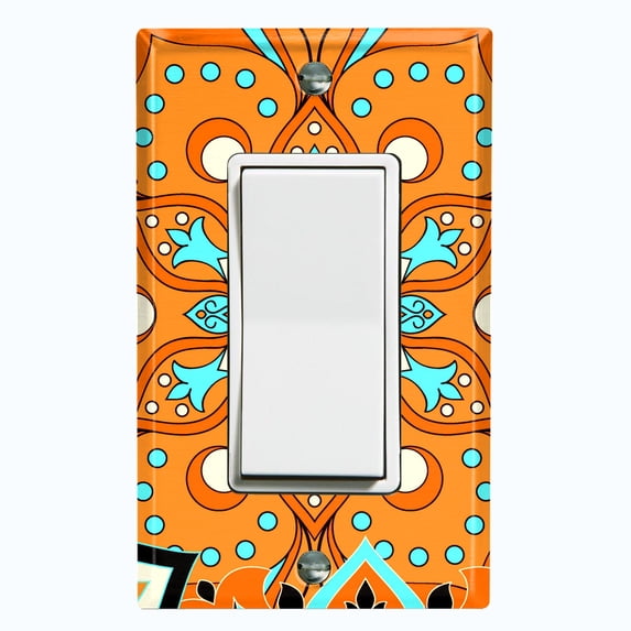Metal Light Switch Plate Cover Orange Teal Flower Mandala Tile Pattern MDL015