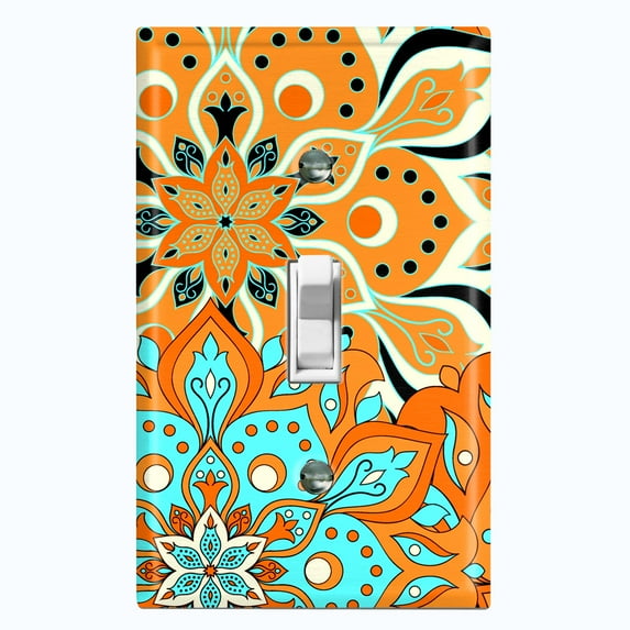 Metal Light Switch Plate Cover Orange Teal Flower Mandala Tile Pattern MDL016
