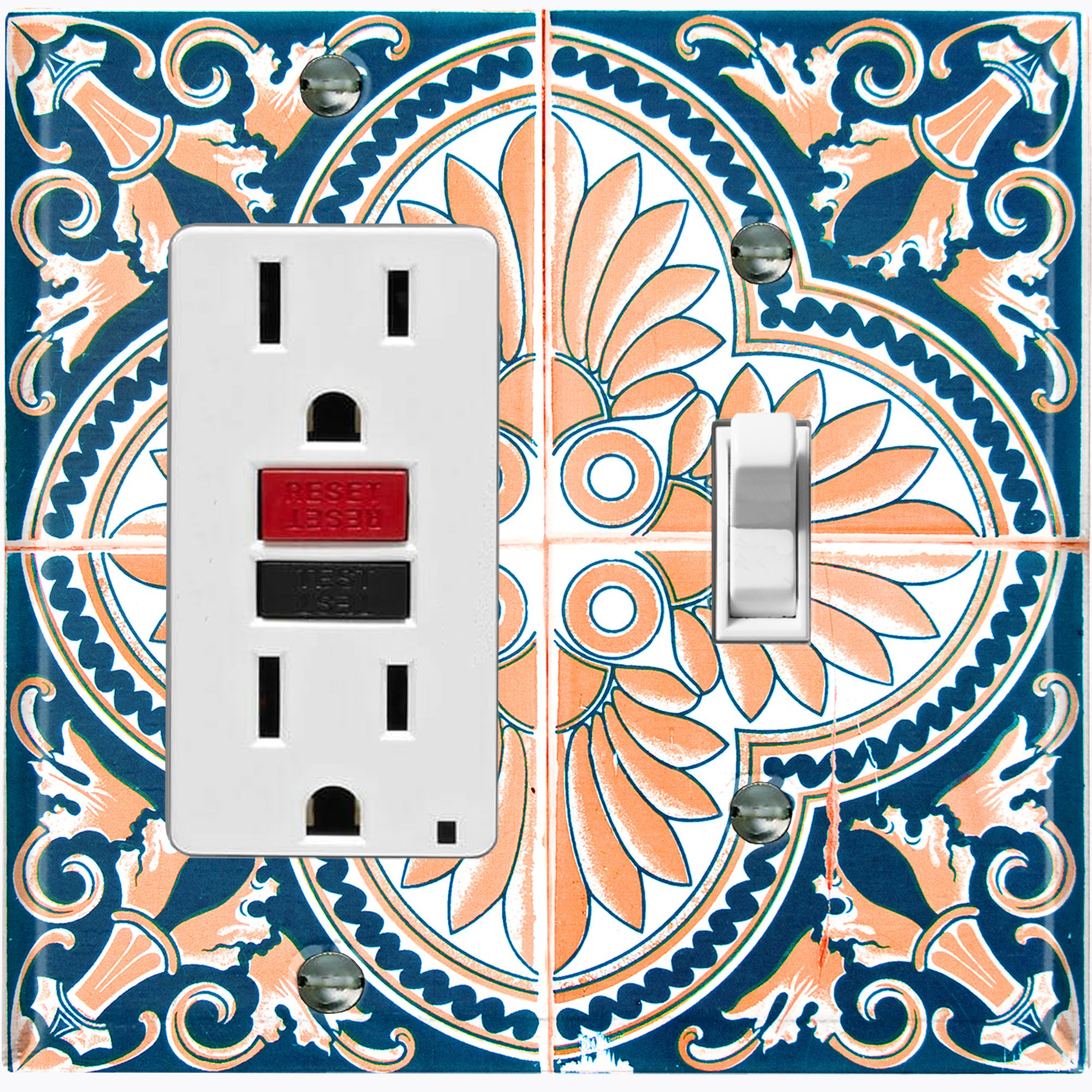 Tile Switch Metal Light Switch Plate Cover Peach Blue Floral Tile Pattern TIL023 ...