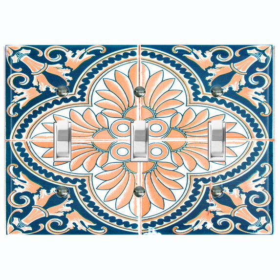 Metal Light Switch Plate Cover Peach Blue Floral Tile Pattern TIL023