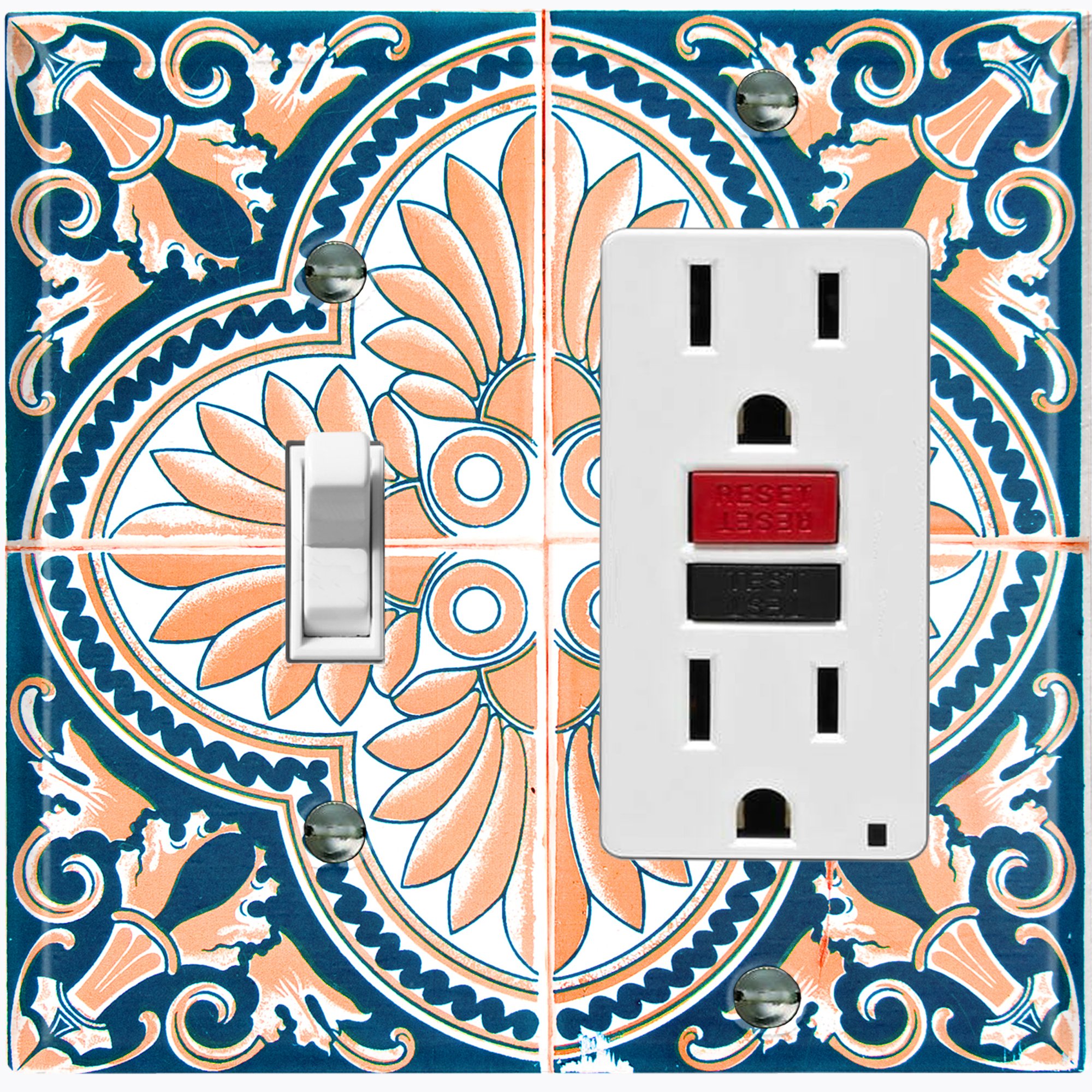 Tile Switch Metal Light Switch Plate Cover Peach Blue Floral Tile Pattern TIL023 ...