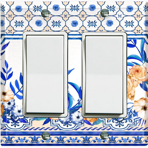 Metal Light Switch Plate Cover Peach Roses Blue Floral Tile Pattern TIL015