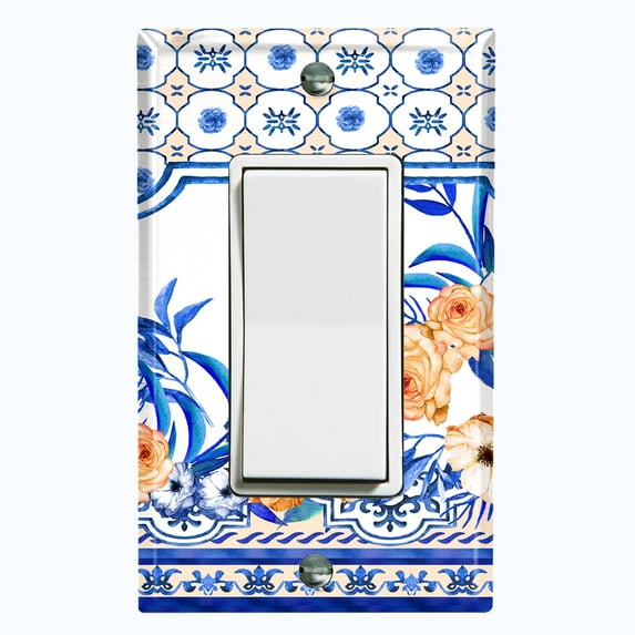 Metal Light Switch Plate Cover Peach Roses Blue Floral Tile Pattern TIL015