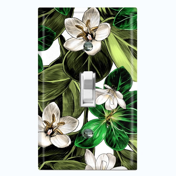 Metal Light Switch Plate Cover Plant Leaves White Flowers FLW051