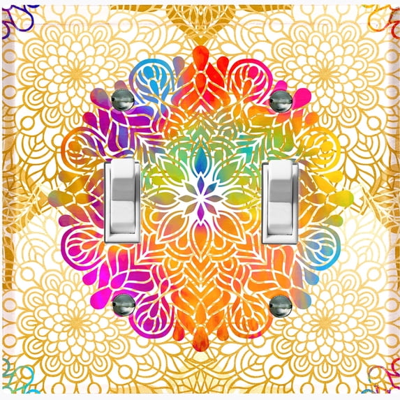 Metal Light Switch Plate Cover Rainbow Mandala Flower Tile Pattern Beige MDL092