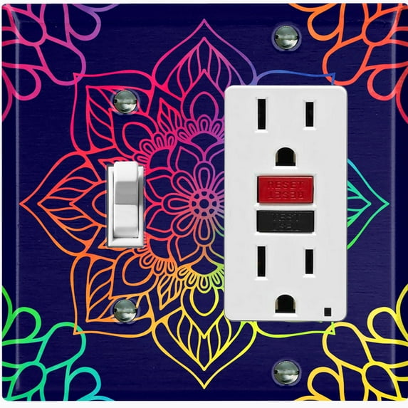 Metal Light Switch Plate Cover Rainbow Mandala Flower Tile Pattern Black MDL103