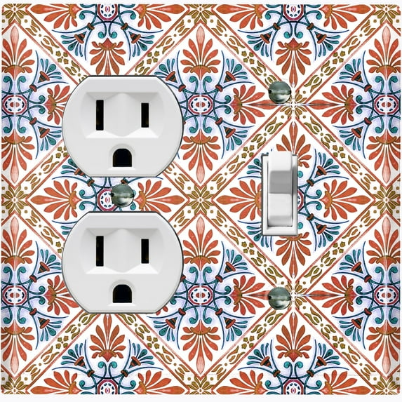 Metal Light Switch Plate Cover Red Blue Fancy Tile Pattern TIL014