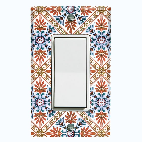 Metal Light Switch Plate Cover Red Blue Fancy Tile Pattern TIL014