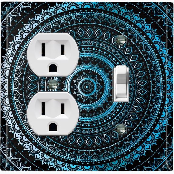 Metal Light Switch Plate Cover Teal Black Mandala Circle Pattern MDL002
