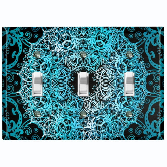Metal Light Switch Plate Cover Teal Black Mandala Circle Tile Pattern MDL009