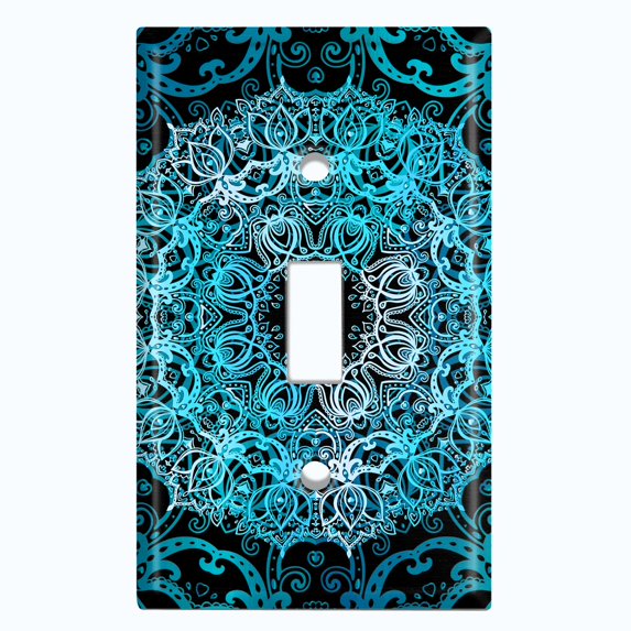 Metal Light Switch Plate Cover Teal Black Mandala Circle Tile Pattern MDL009