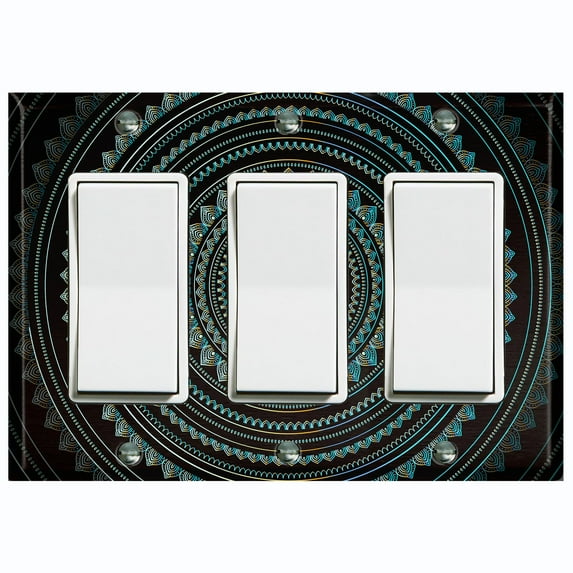 Metal Light Switch Plate Cover Teal Black Mandala Circle Tile Pattern MDL012