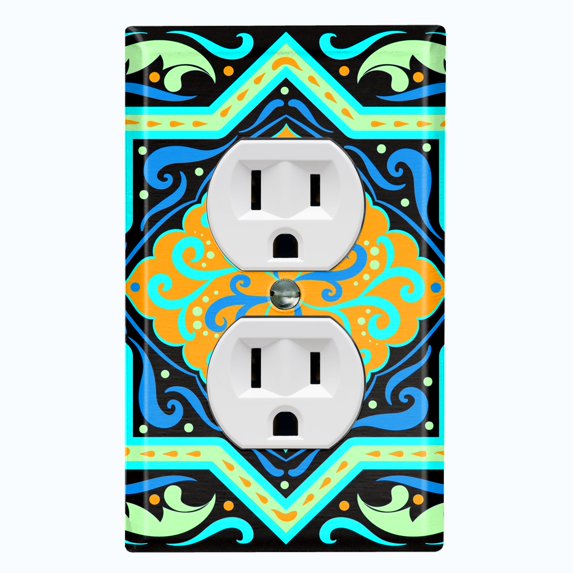 Metal Light Switch Plate Cover Teal Orange Fancy Tile Pattern TIL002