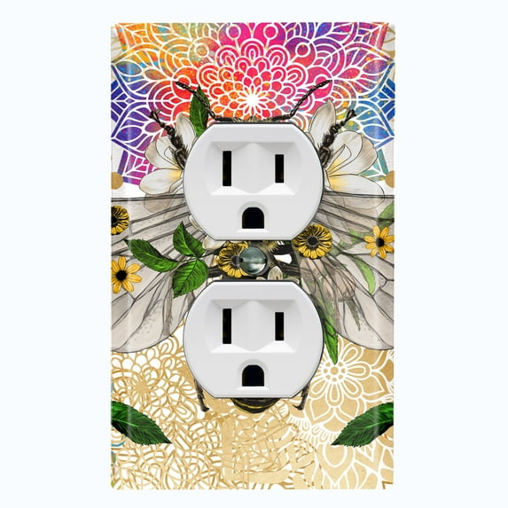 Metal Light Switch Plate Cover Unique Colorful Floral Bee Yellow Mandala BUT029