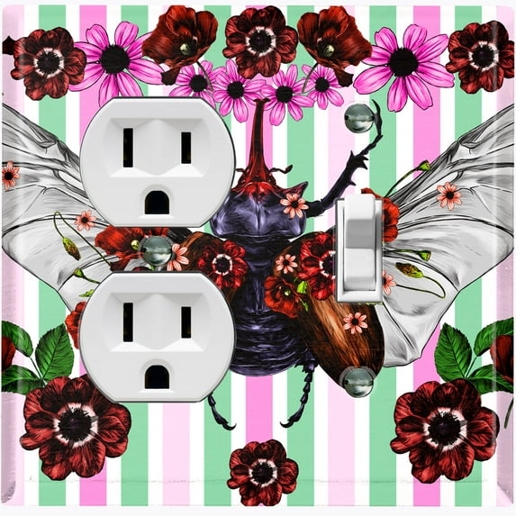 Metal Light Switch Plate Cover Unique Floral Beetle Teal Pink Stripes BUT008