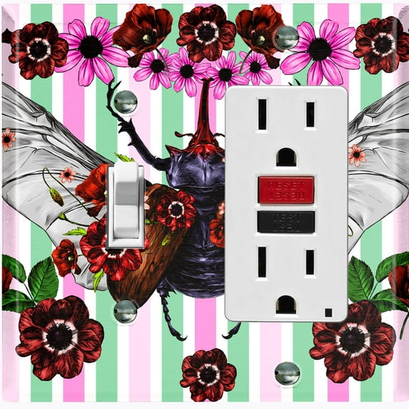 Metal Light Switch Plate Cover Unique Floral Beetle Teal Pink Stripes BUT008