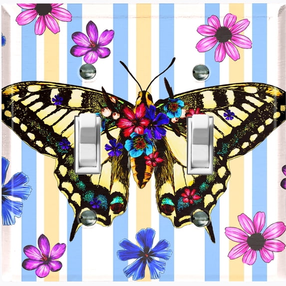 Metal Light Switch Plate Cover Unique Floral Butterfly Yellow Blue Stripes BUT006