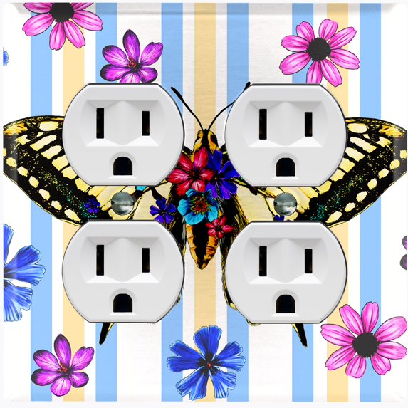 Metal Light Switch Plate Cover Unique Floral Butterfly Yellow Blue Stripes BUT006