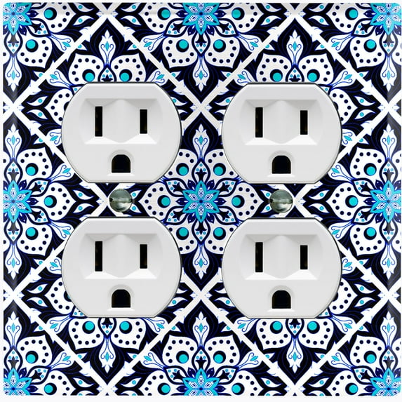 Metal Light Switch Plate Cover White Blue Mandala Flower Tile Pattern MDL031