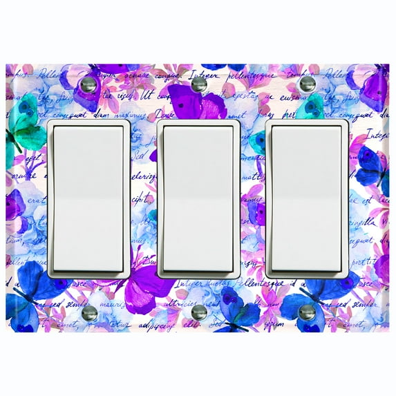 Metal Light Switch Plate Outlet Cover (Butterfly Rose Purple - Triple Rocker)