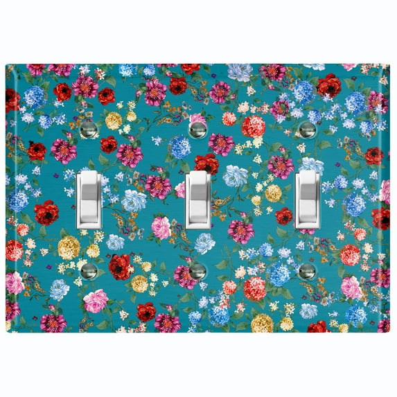 Metal Light Switch Plate Outlet Cover Colorful Floral Garden Wallpaper Teal ROS036