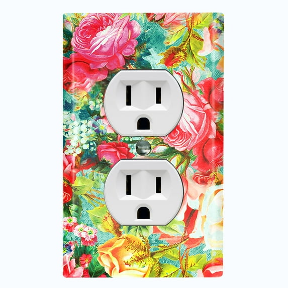 Metal Light Switch Plate Outlet Cover Colorful Rose Leaves Wallpaper ROS045