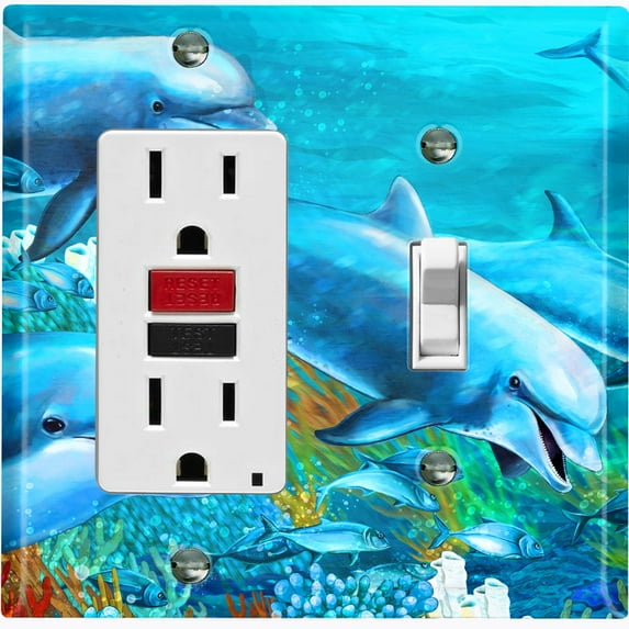 Metal Light Switch Plate Outlet Cover Cute Dolphin Pod Ocean Reef