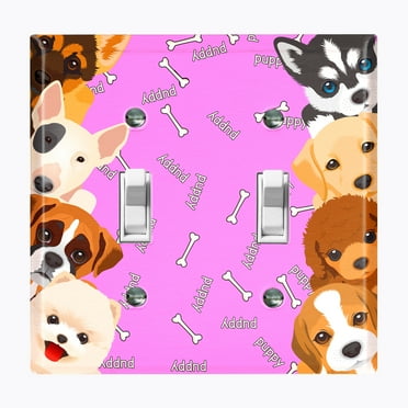 Metal Light Switch Plate Outlet Cover (Cute Puppy Dog Pink - Double Toggle)